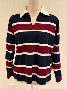 GREY LAB Navy, Burgundy & Cream Striped Rugby Polo Sweater size XS